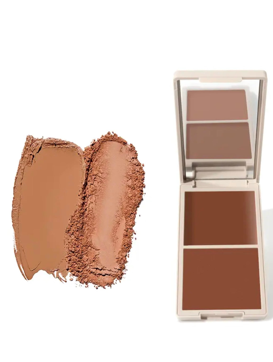 DUO BRONZER de DIDI 24 BEAUTY: Bronceador en polvo y crema con dos tonos complementarios para un acabado natural y luminoso. Fórmula suave y fácil de aplicar, ideal para contornear y dar un toque de calor a la piel