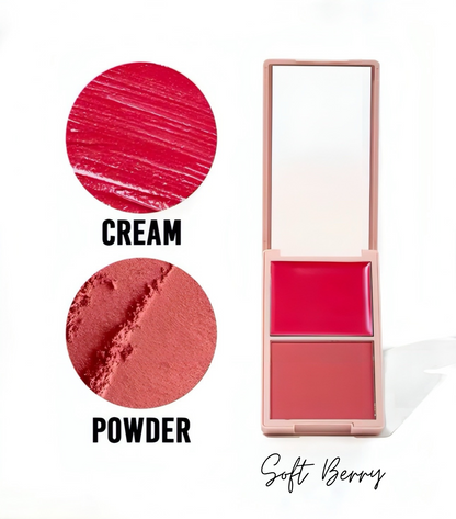 DUO BLUSH de DIDI 24 BEAUTY: Colorete en crema y polvo con dos tonos complementarios para un acabado natural y saludable. Fórmula suave y fácil de aplicar, ideal para dar color y frescura a las mejillas
