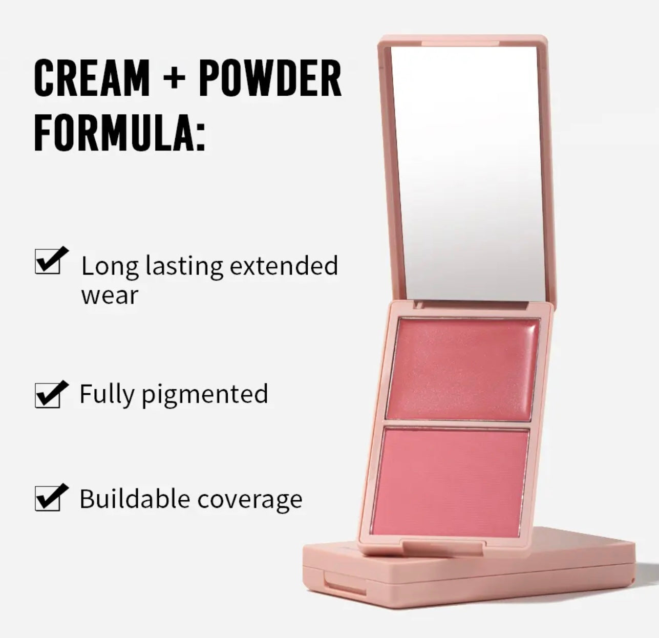 DUO BLUSH de DIDI 24 BEAUTY: Colorete en crema y polvo con dos tonos complementarios para un acabado natural y saludable. Fórmula suave y fácil de aplicar, ideal para dar color y frescura a las mejillas