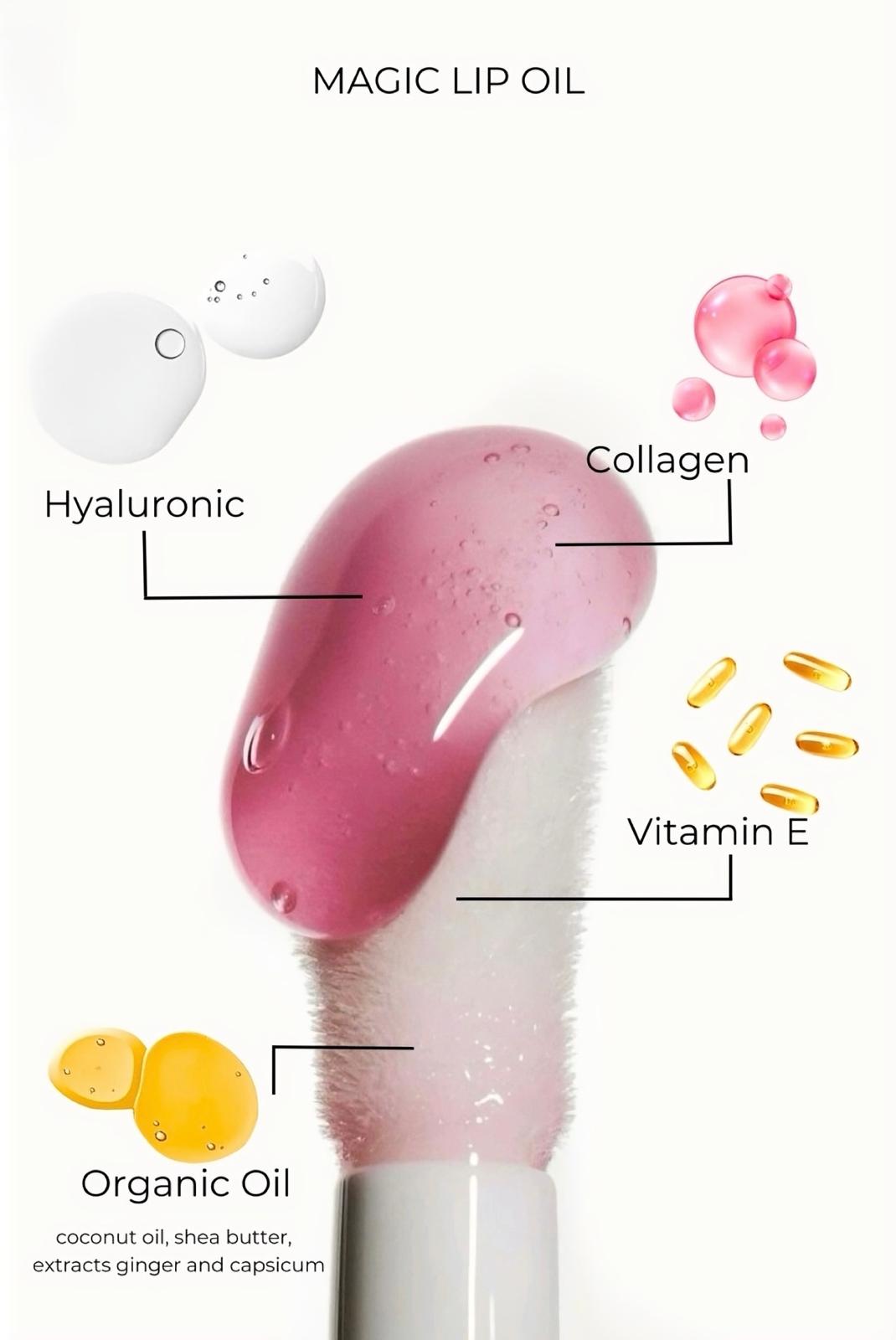 magic lip oil de didi 24 beauty con color, vitamina e, colageno, aceites organic oil, acido hialuronico 